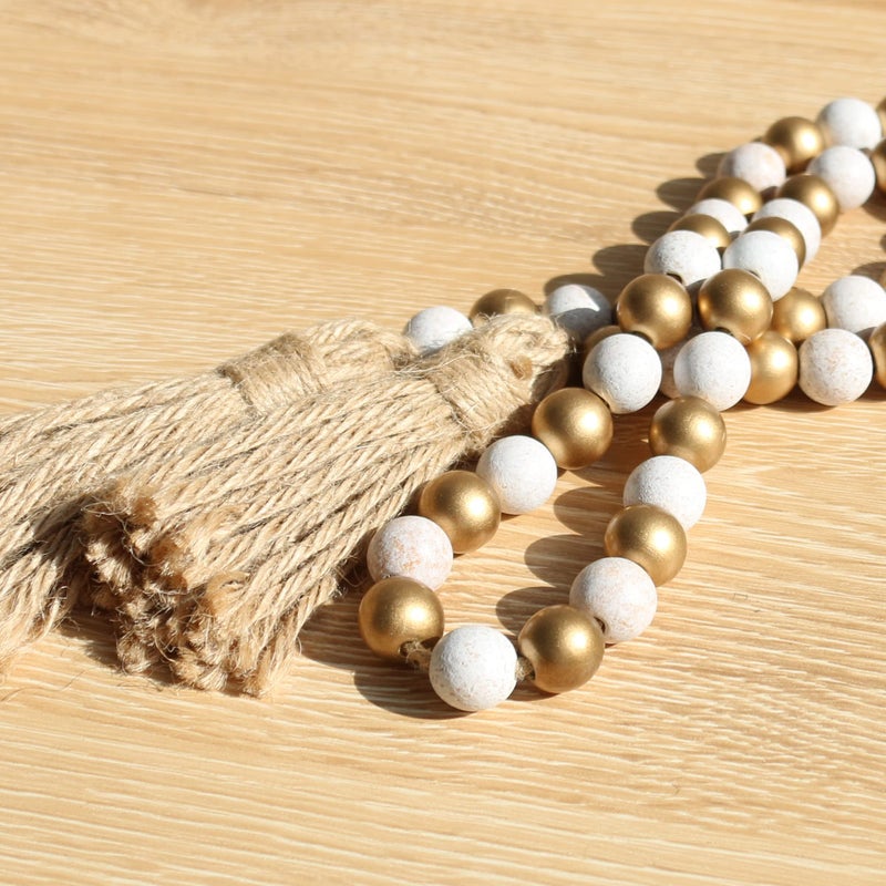Meplait Wood Bead Garland 39in Farmhouse Beads with Tassels Boho beads for Tiered Tray decorative beads home decor(Gold & Wash White) - Image 5